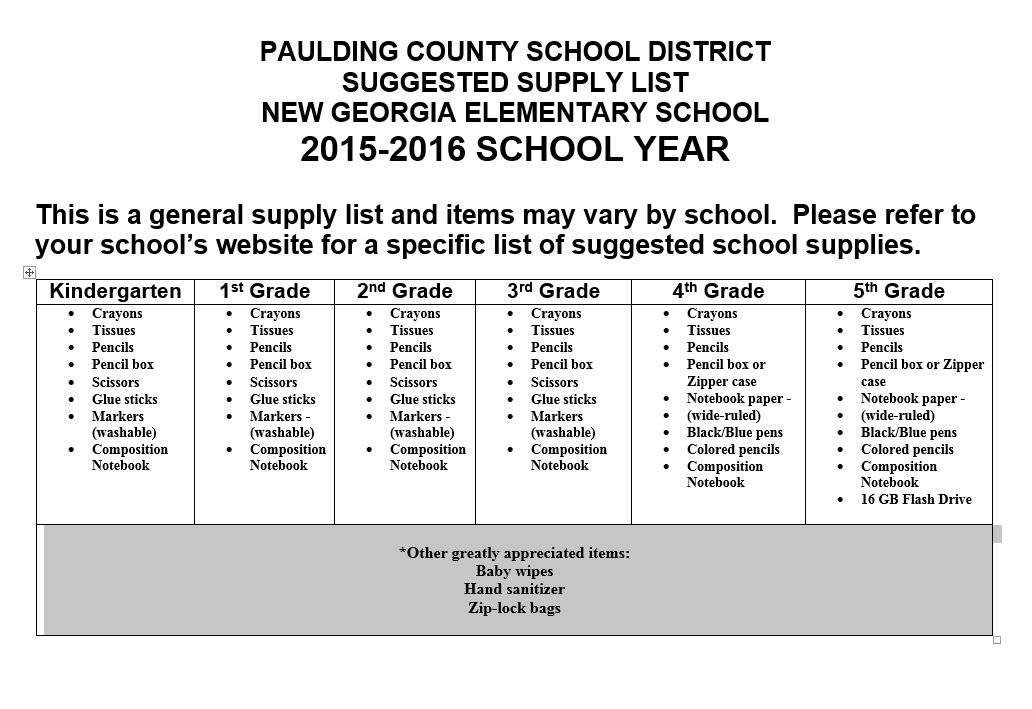 2015-2016 School Supply List 2015-2016 School Supply List