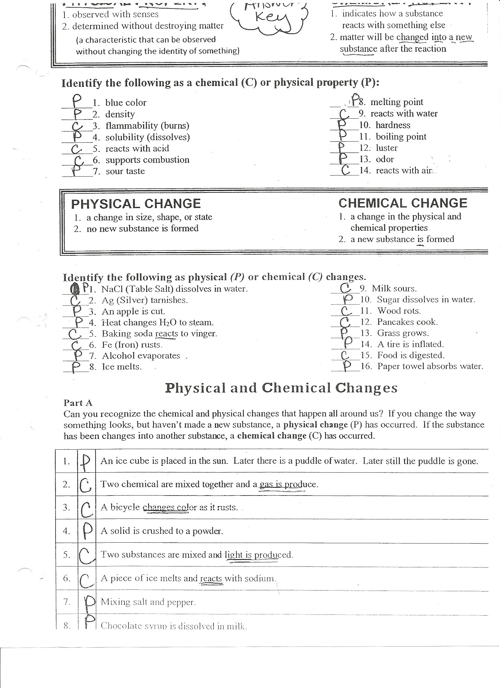 worksheet. Physical And Chemical Change Worksheet. Grass 