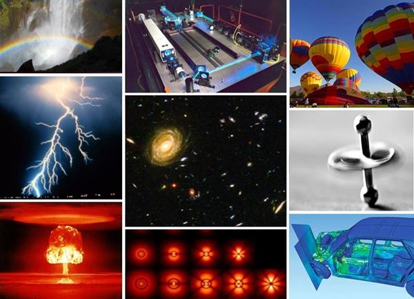 Collage of PS concepts a rainbow, circuits, hot air balloons,lightning, space, motion, nuclear energy, and force and motion 