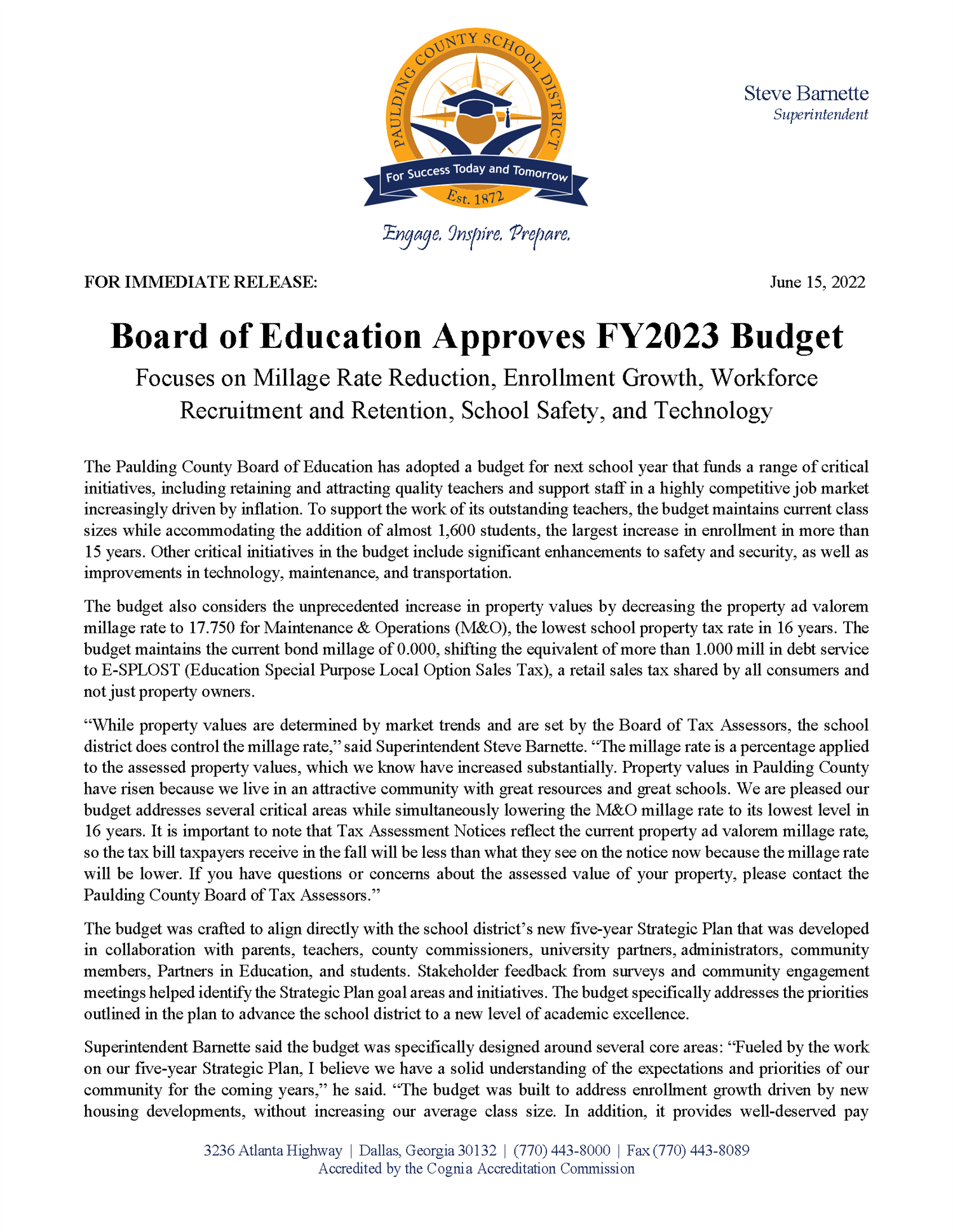 Page 1 of FY2023 Budget Press Release