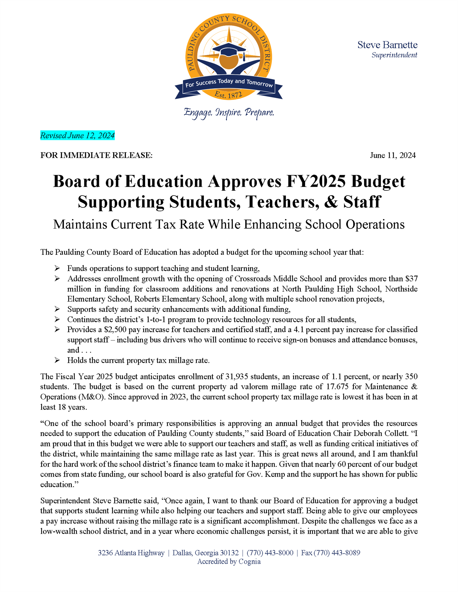 FY2025 budget press release page 1