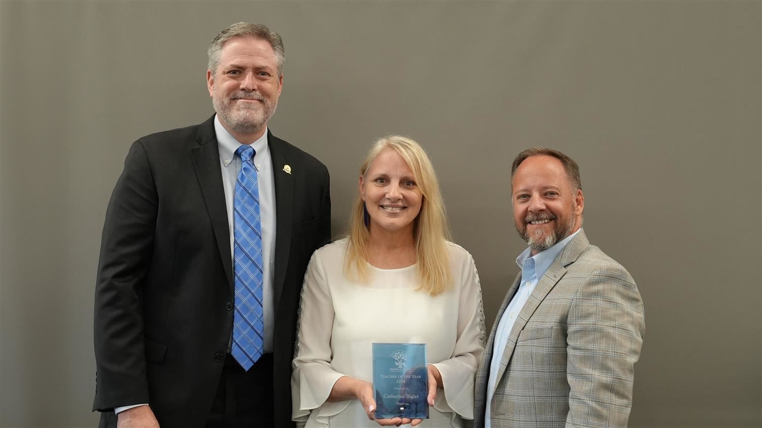 Baggett Elementary Teacher of the Year Catherine Bigler pictured with Superintendent Steve Barnette and Paulding Education Fo