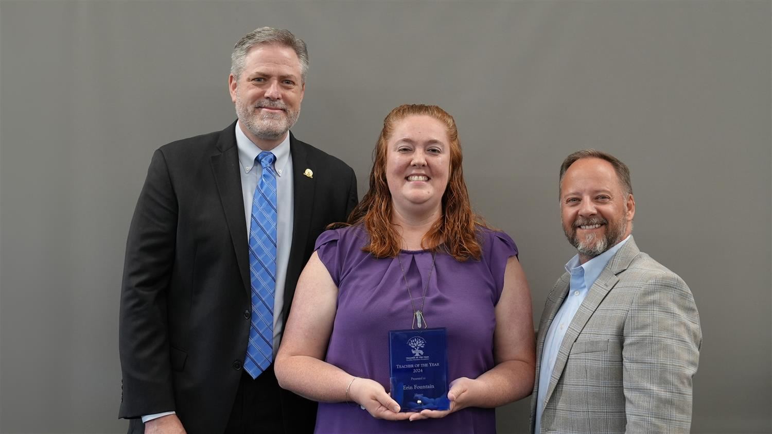 Hiram Elementary Teacher of the Year Erin Fountain pictured with Superintendent Steve Barnette and Paulding Education Foundat
