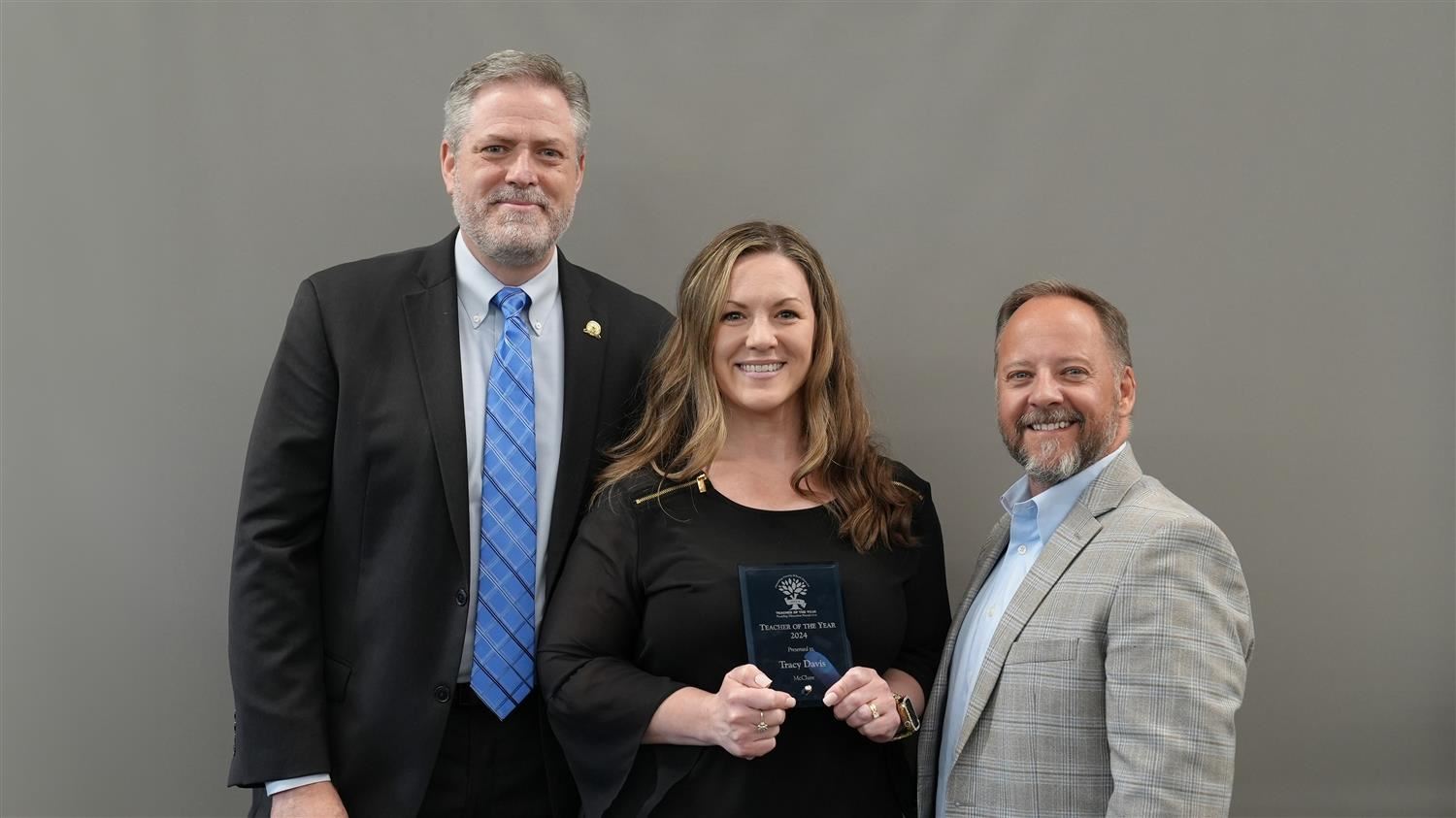 McClure Middle School Teacher of the Year Tracy Davis pictured with Superintendent Steve Barnette and Paulding Education Foun