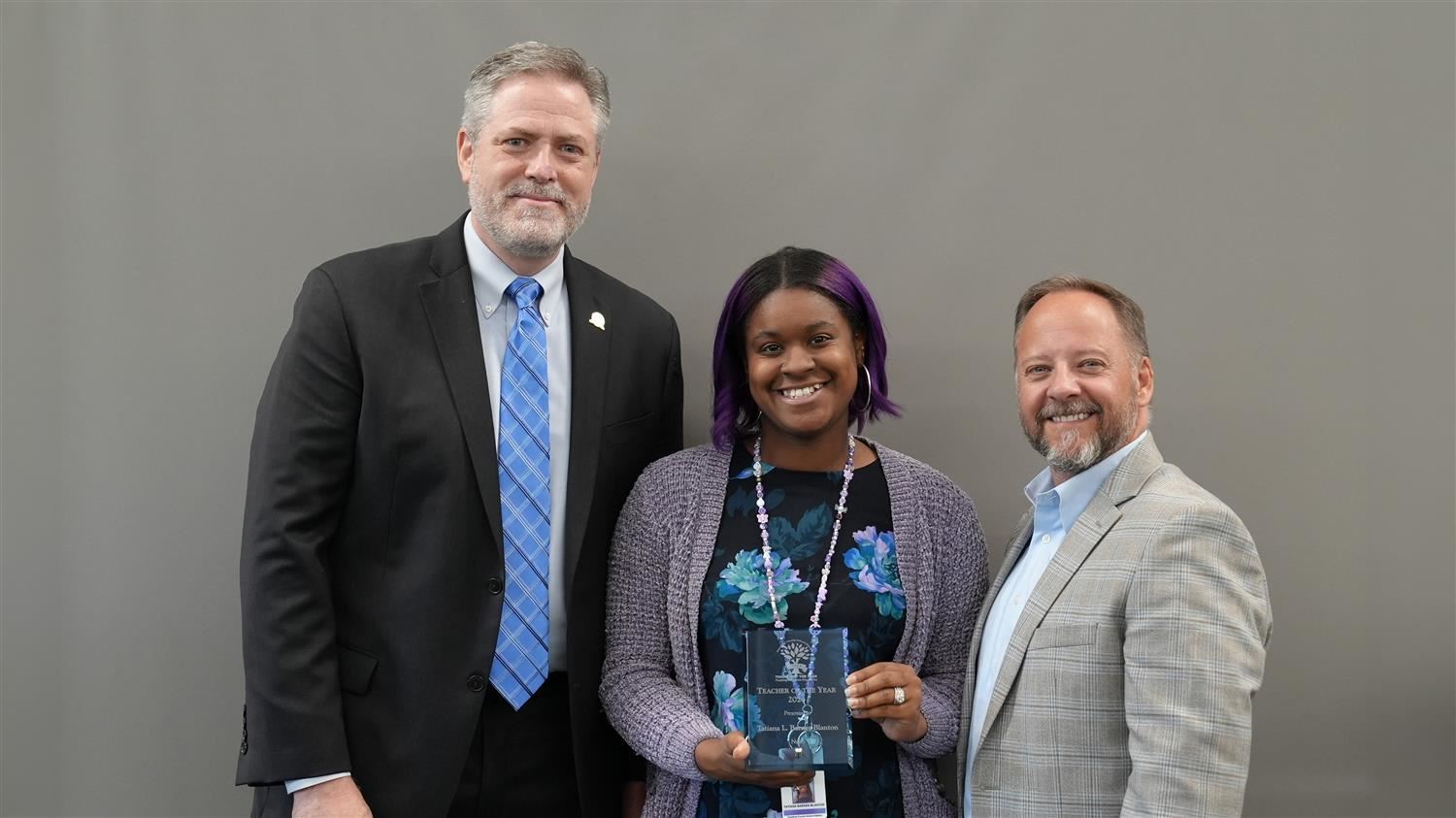 Nebo Elementary Teacher of the Year Tatiana Barnes-Blanton pictured with Superintendent Steve Barnette and Paulding Education