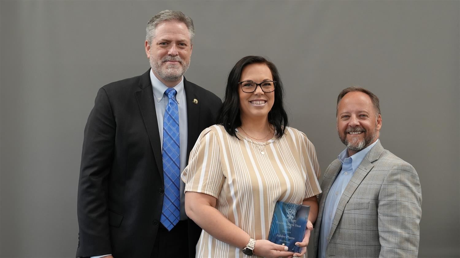 New Georgia Teacher of the Year Ashley Plante pictured with Superintendent Steve Barnette and Paulding Education Foundation B