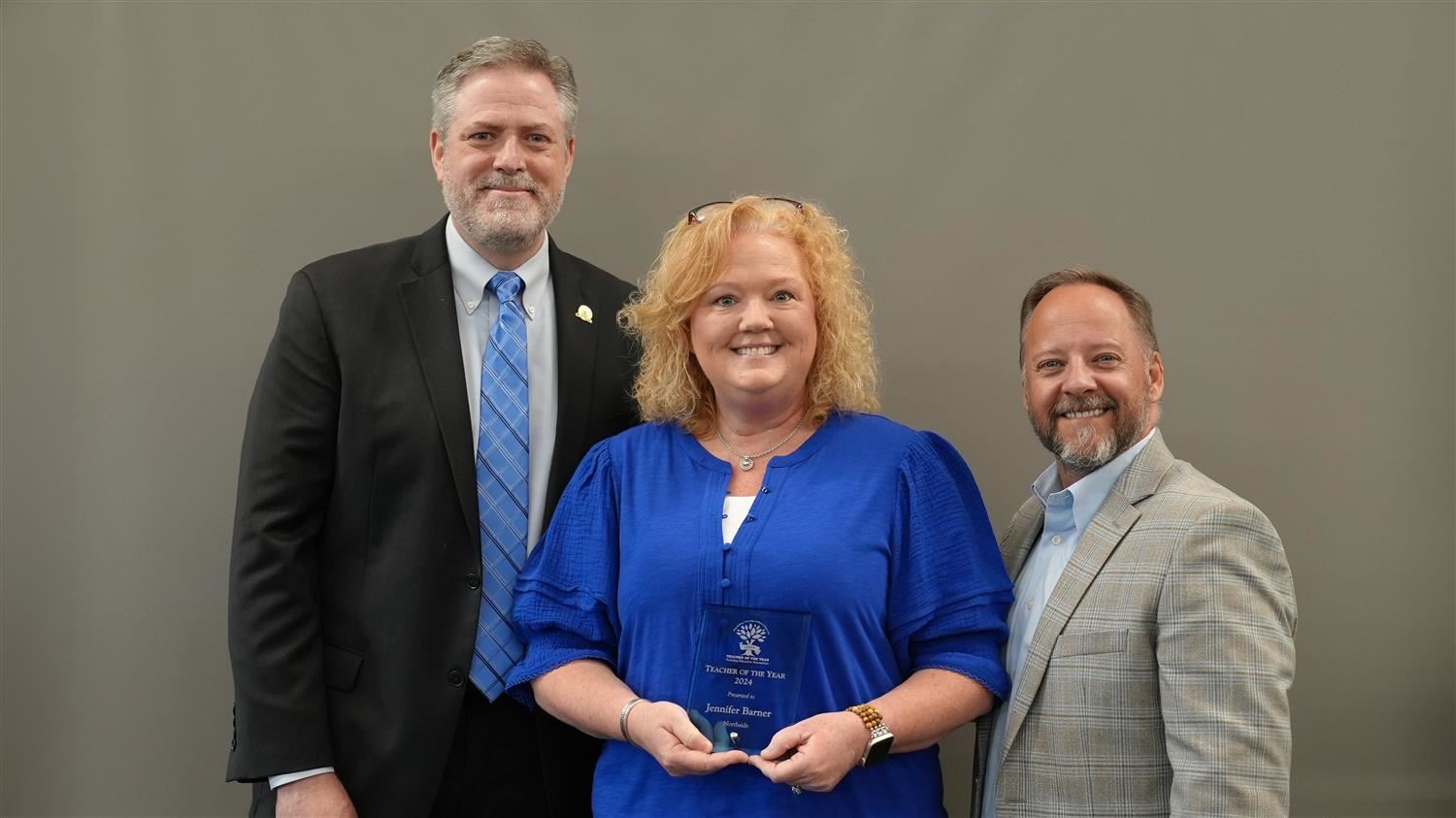 Northside Elementary Teacher of the Year Jennifer Barner pictured with Superintendent Steve Barnette and Paulding Education F