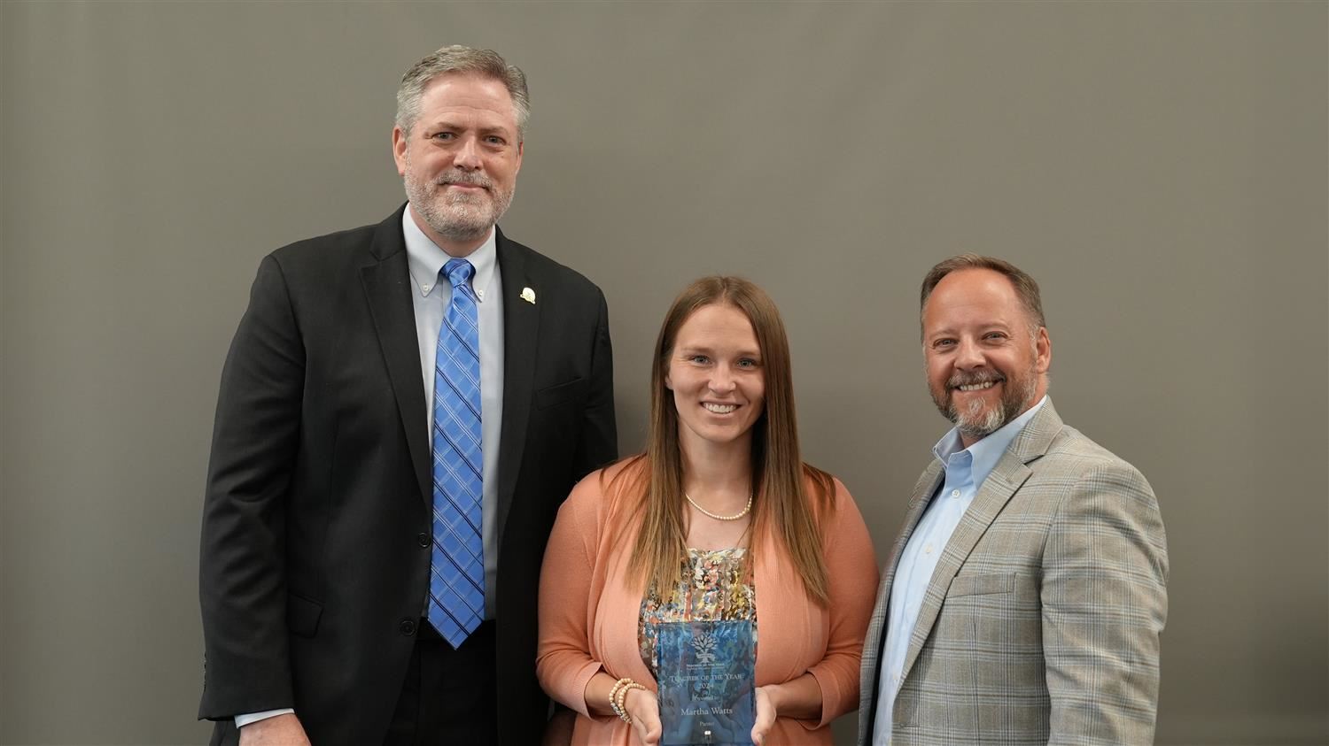 Panter Elementary Teacher of the Year Martha Watts pictured with Superintendent Steve Barnette and Paulding Education Foundat
