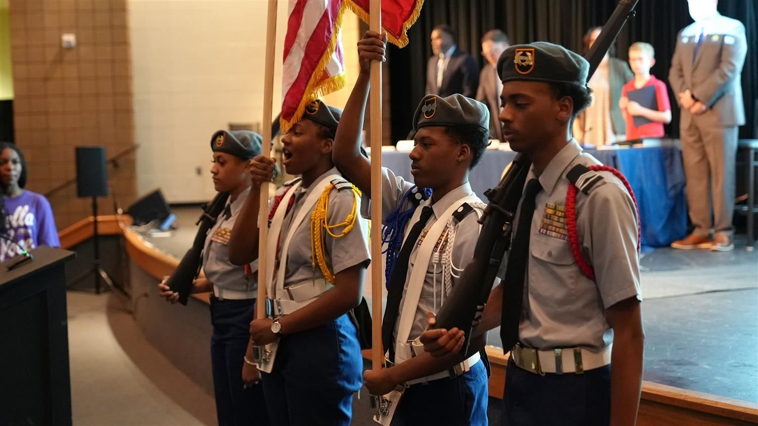 Cadets Noella Monyuy, Amaz’jah Wilson, Arric McGee and Jauan Woods with the Hiram High School JROTC presented the Colors during the meeting. They are under the direction of Hiram HS JROTC Master Sgt. Louis Dinkins. 