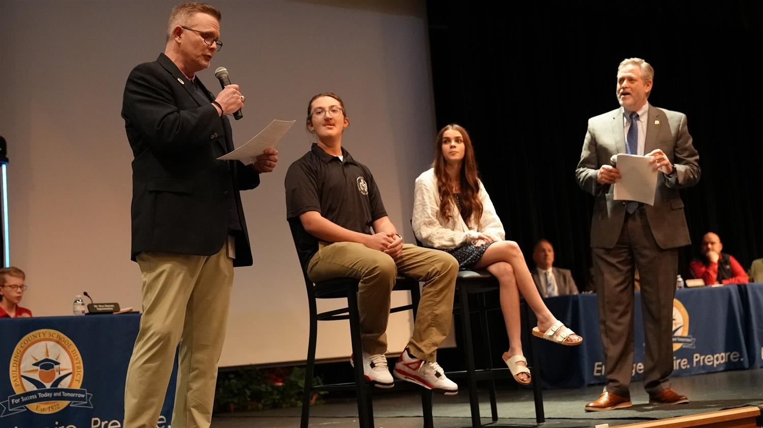 Students Jaden Hill and Ian McConnell from South Paulding High School's AIM Academy had a conversation with Chief School Leadership Officer Jason Freeman and Superintendent Steve Barnette about the program.