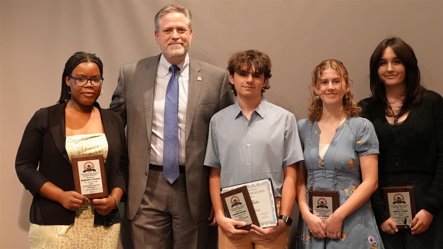 Superintendent Steve Barnette pictured with Governor's Honors winners Margaret Anyanwu (PCHS - Chemistry), Landon Foster (EPHS - Music/Trumpet), Sara Altman (SPHS - Music/French Horn) and Reilly Lopez (NPHS - Visual Art).
