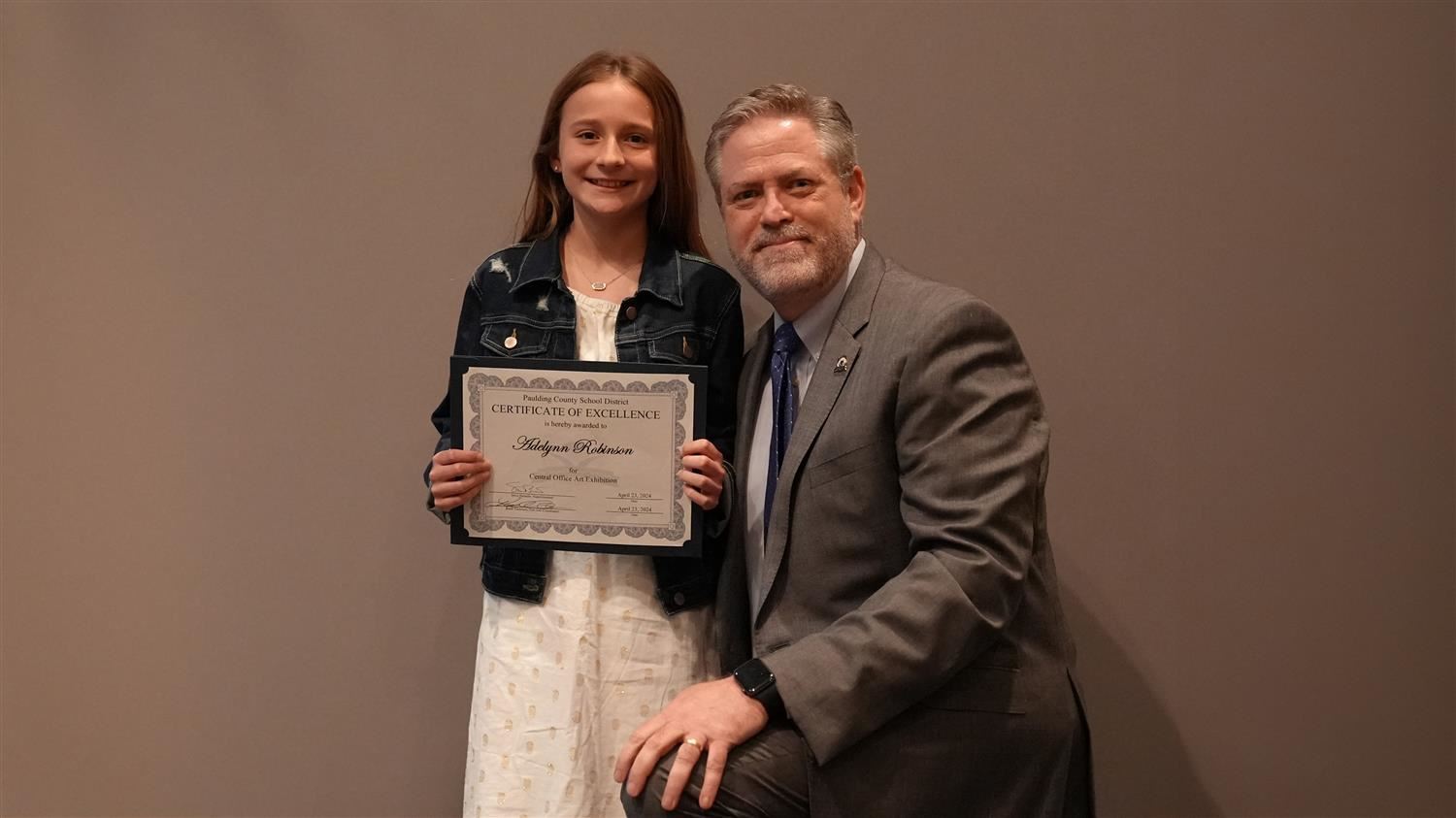Superintendent Steve Barnette pictured with Visual Art winner Union ES 5th grader Adelynn Robinson.