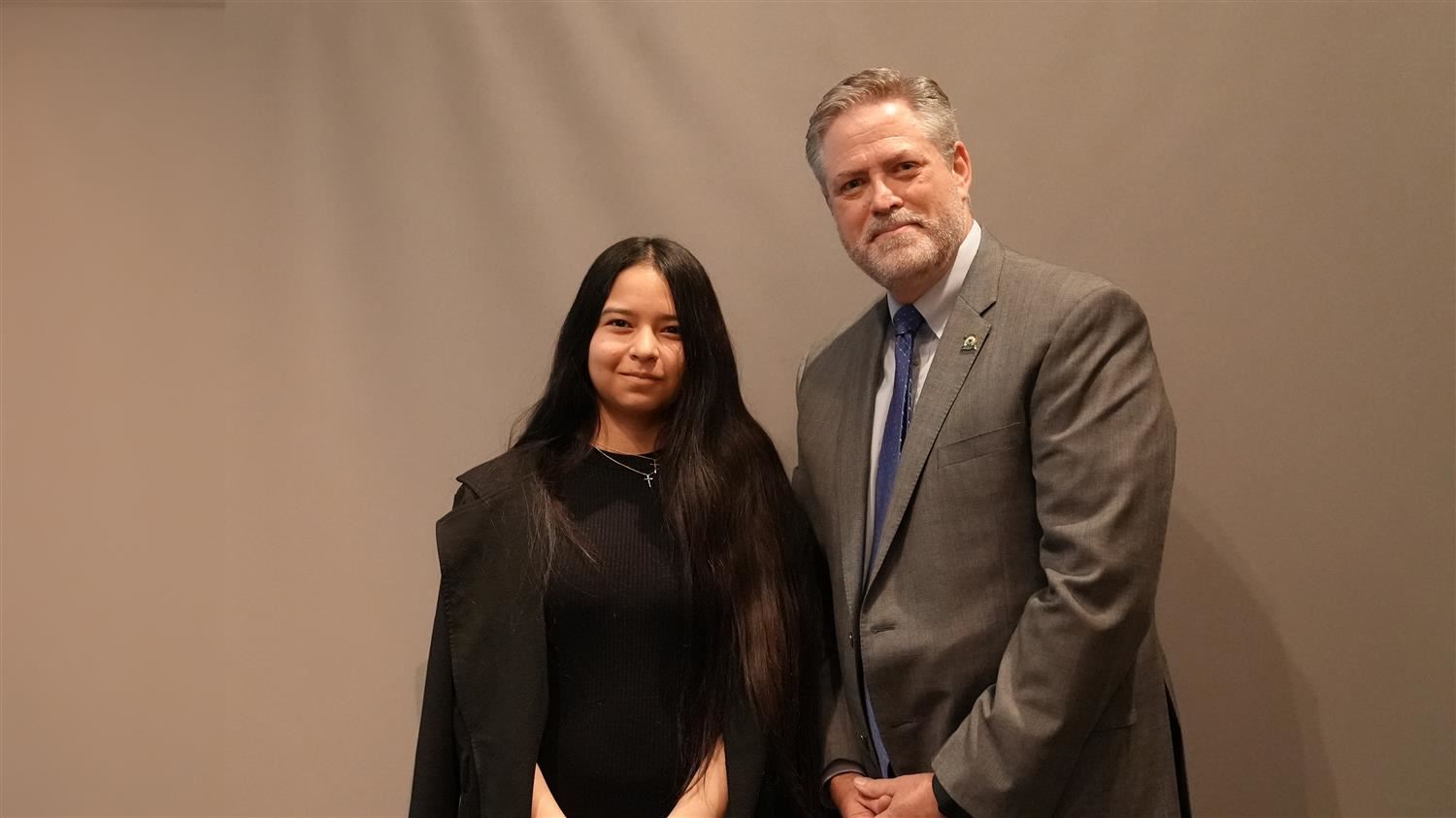 Superintendent Steve Barnette pictured with Visual Art winner Scoggins MS 7th grader Amy Ventura.