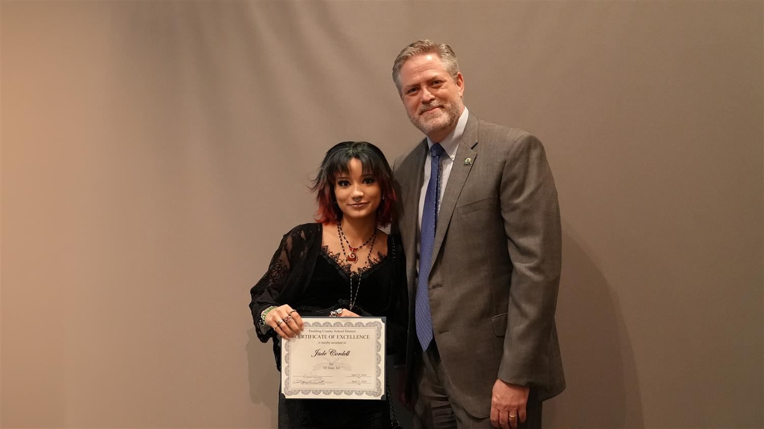 Superintendent Steve Barnette pictured with All State winner North Paulding HS 12th grader Jade Cordell.
