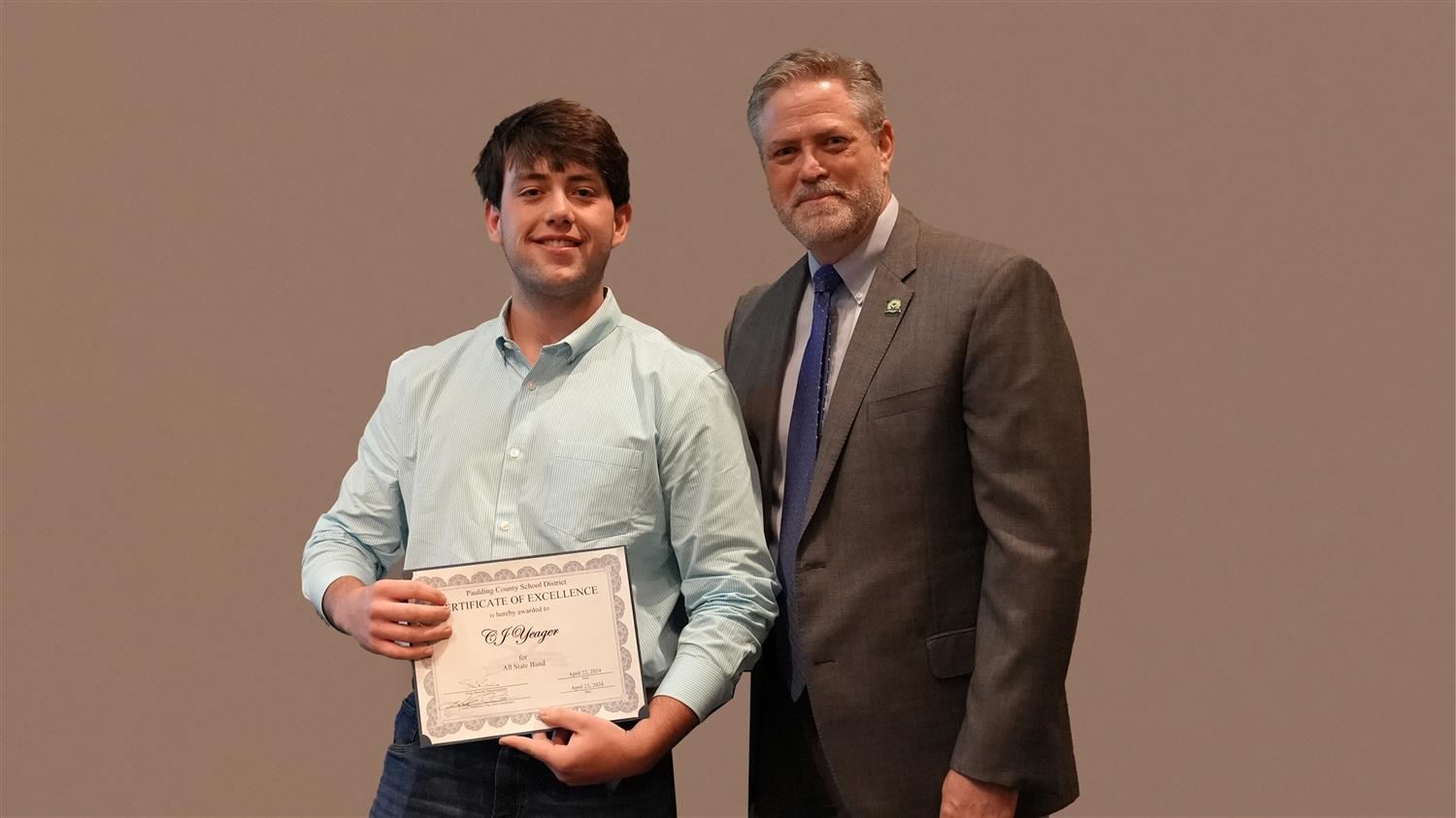 Superintendent Steve Barnette pictured with All State winner East Paulding HS 12th grader CJ Yeager.