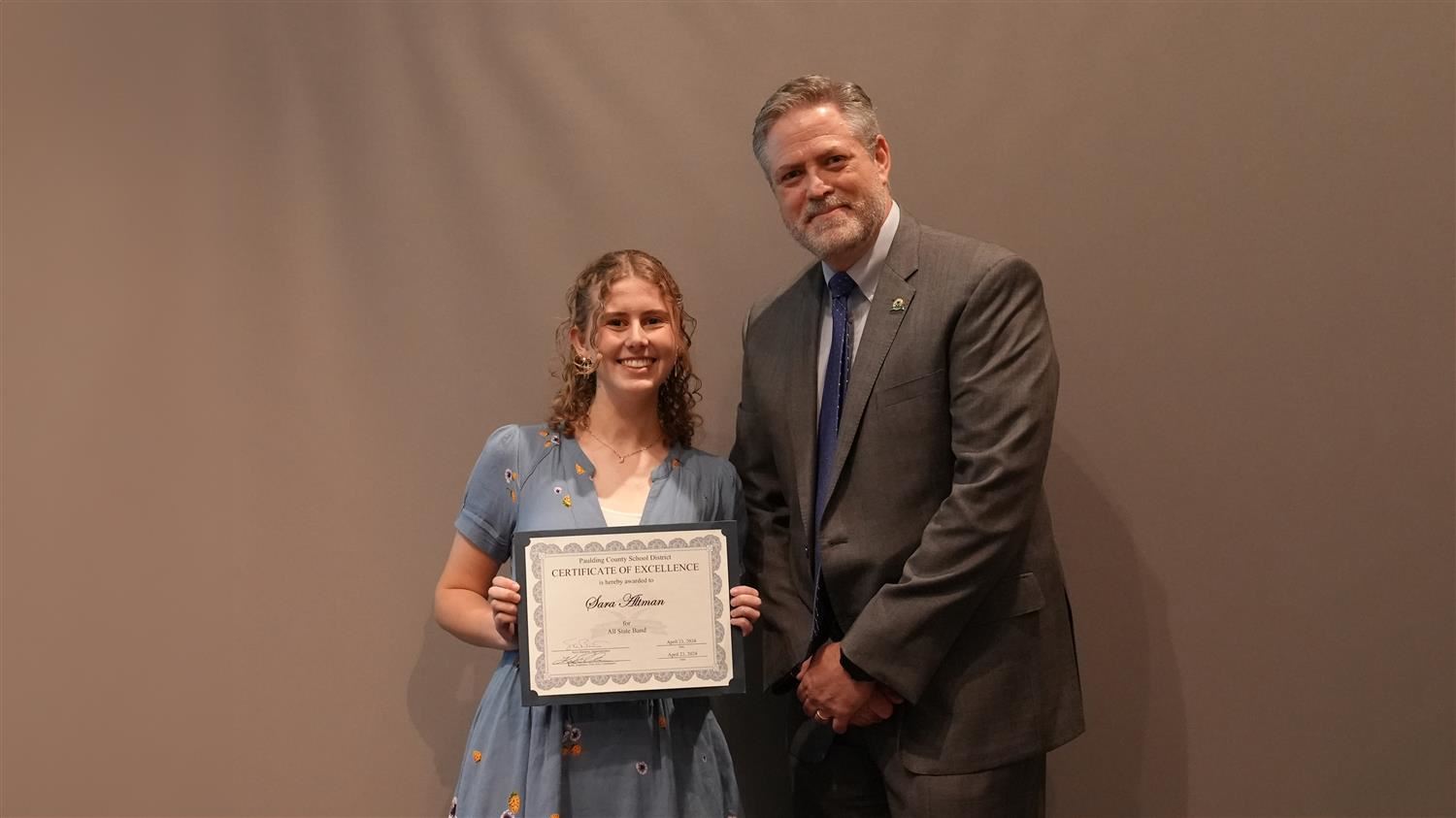 Superintendent Steve Barnette pictured with All State winner South Paulding HS 10th grader Sara Altman.