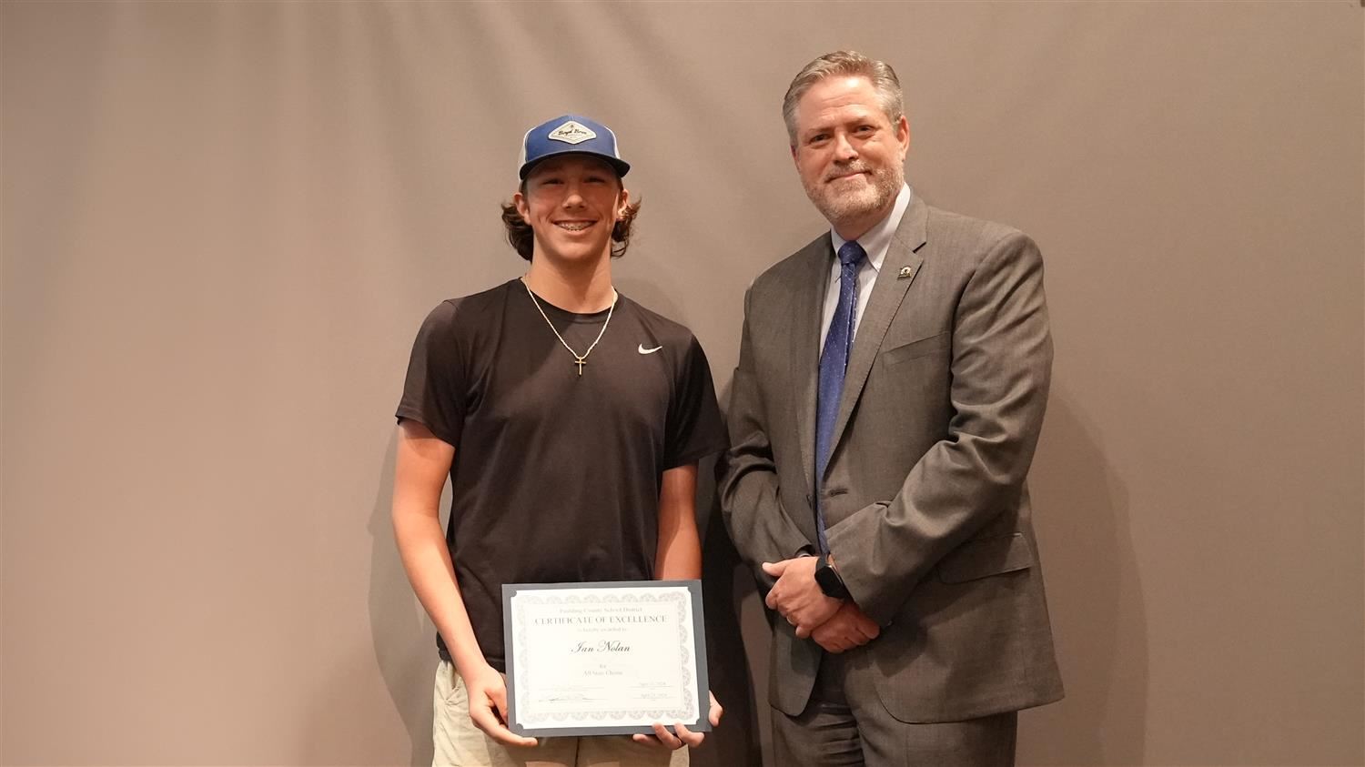 Superintendent Steve Barnette pictured with All State winner Dobbins MS 8th garder Ian Nolan.