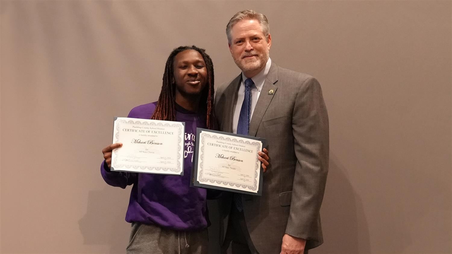 Superintendent Steve Barnette pictured with All State winner Hiram HS 12th grader Mehari Benson.