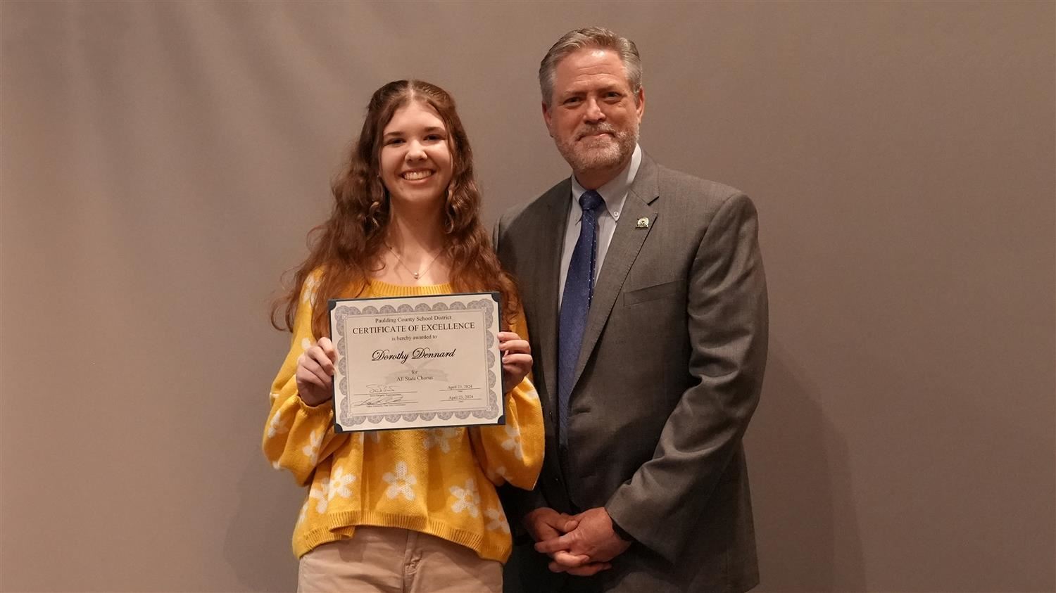 Superintendent Steve Barnette pictured with All State winner North Paulding HS 12th grader Dorothy Dennard.