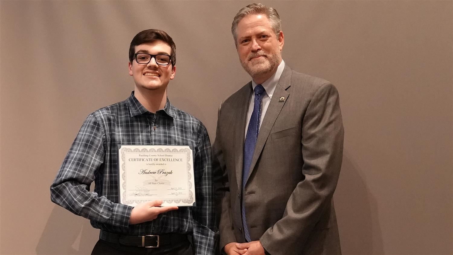 Superintendent Steve Barnette pictured with All State winner North Paulding HS 11th grader Andrew Prazak.