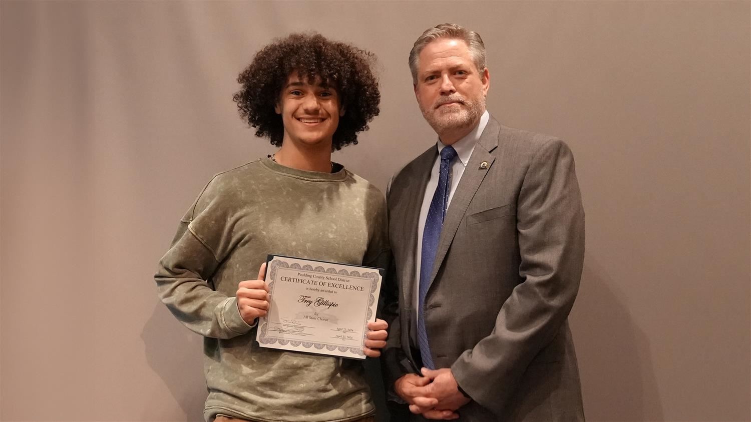 Superintendent Steve Barnette pictured with All State winner North Paulding HS 10th grader Trey Gillispie.