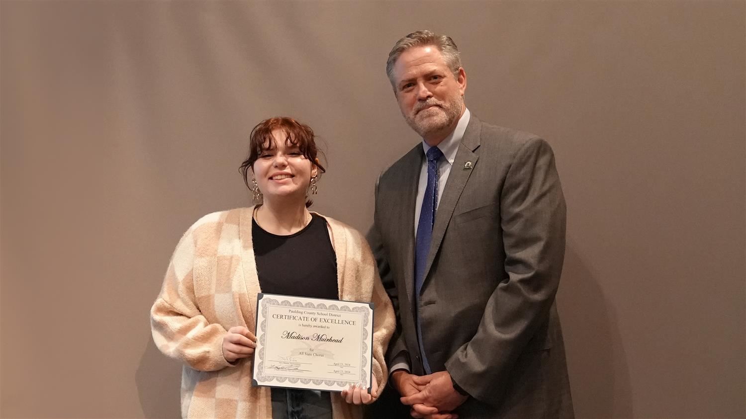 Superintendent Steve Barnette pictured with All State winner North Paulding HS 10th grader Madison Muirhead.