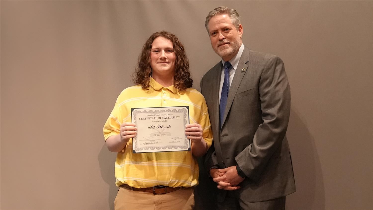 Superintendent Steve Barnette pictured with All State winner Paulding County HS 10th grader Seth Holcombe.