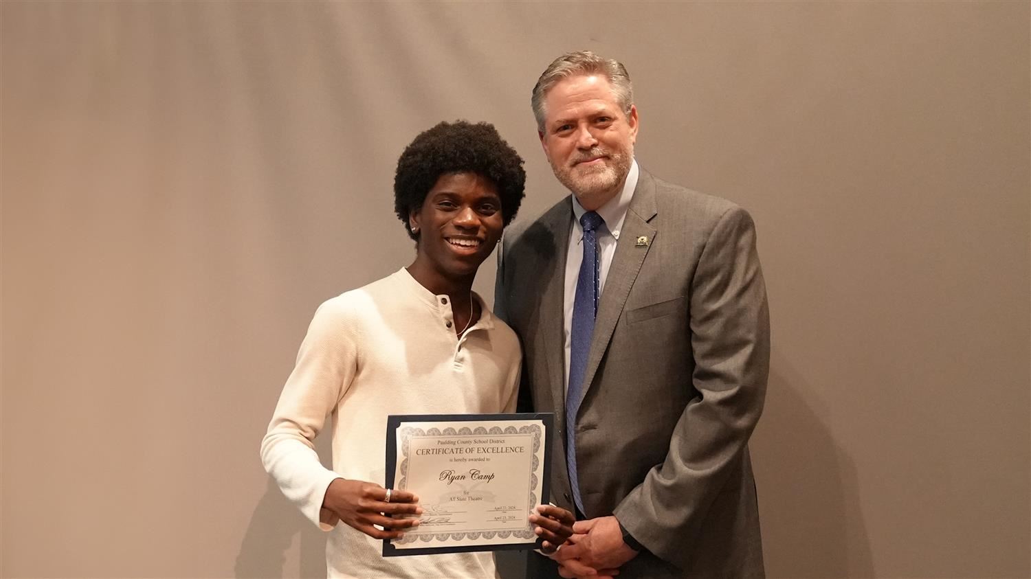 Superintendent Steve Barnette pictured with All State winner Hiram HS 11th grader Ryan Camp