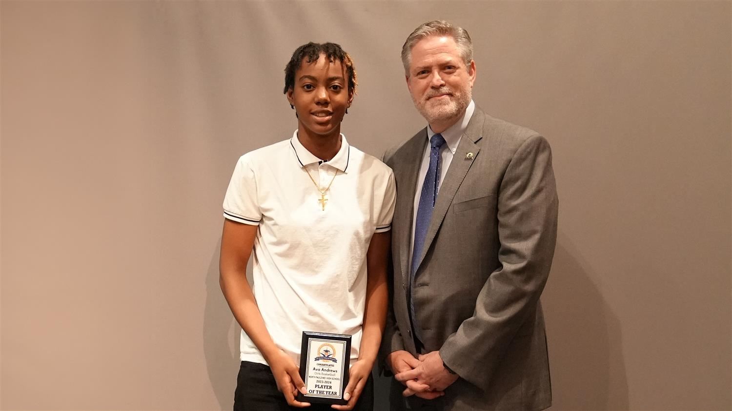 Superintendent Steve Barnette pictured with Winter Sports Player of the Year (Girls Basketball) Ava Andrews - North Paulding HS.