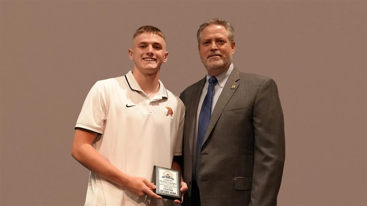 Superintendent Steve Barnette pictured with Winter Sports Player of the Year (Boys Basketball) Andrew LaVigne - South Paulidng HS