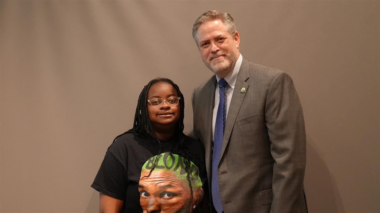 Superintendent Steve Barnette pictured with PCSD/Regional Spelling Bee winner Ritch MS 8th grader Sumaya Bell.