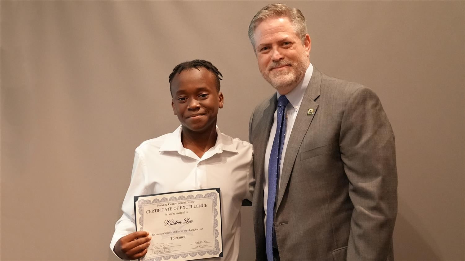 Superintendent Steve Barnette pictured with Character in Action (Tolerance) winner Ritch MS 6th grader Kaiden Lee.