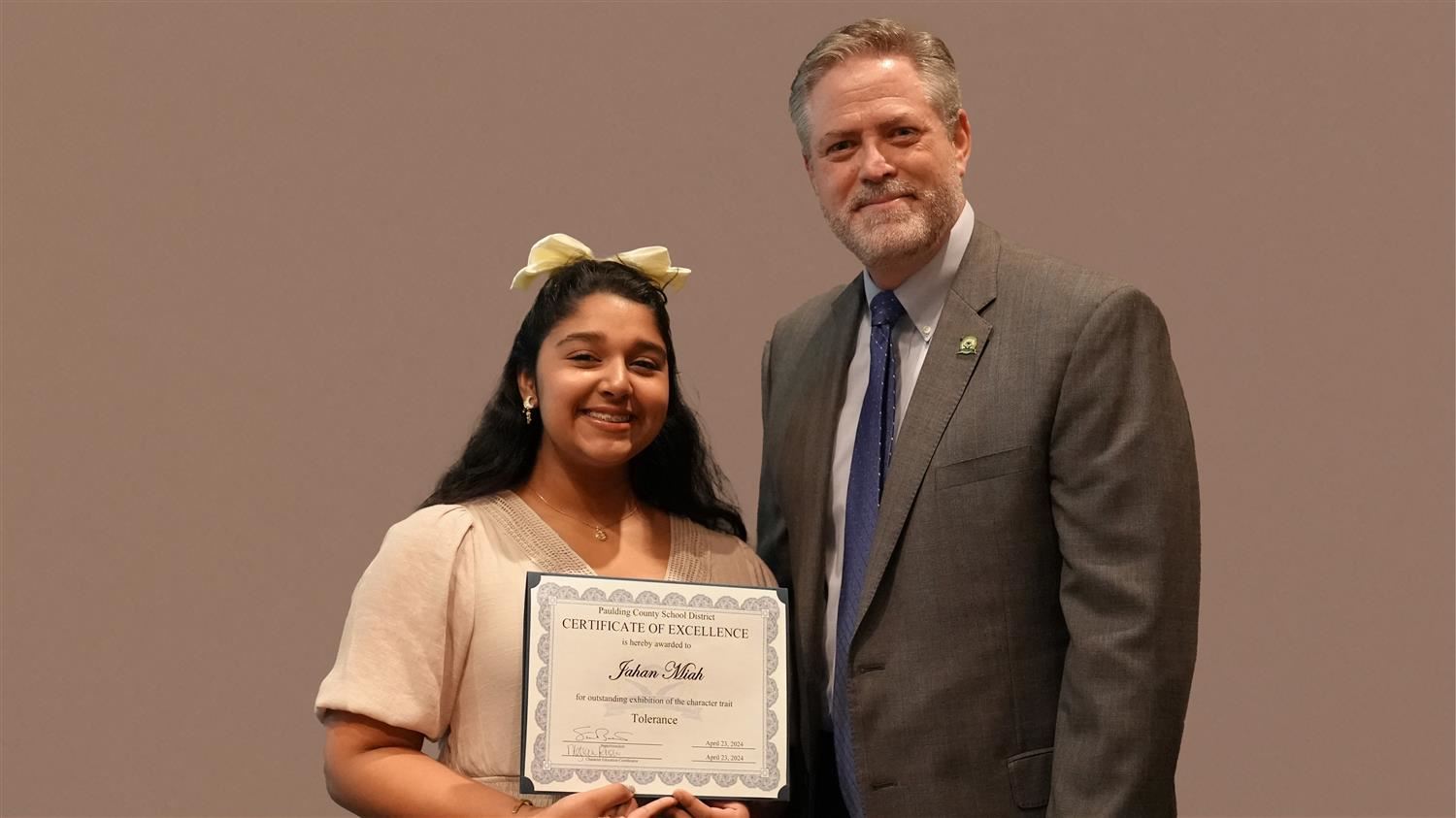 Superintendent Steve Barnette pictured with Character in Action (Tolerance) winner East Paulding MS 8th grader Jahan Miah.