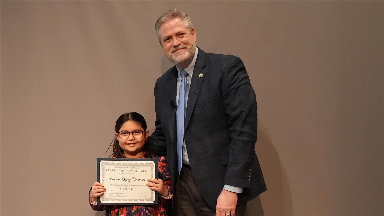 Character In Action - School Pride: Superintendent Steve Barnette and Ximena Lopez Contreras​ from Nebo Elementary.