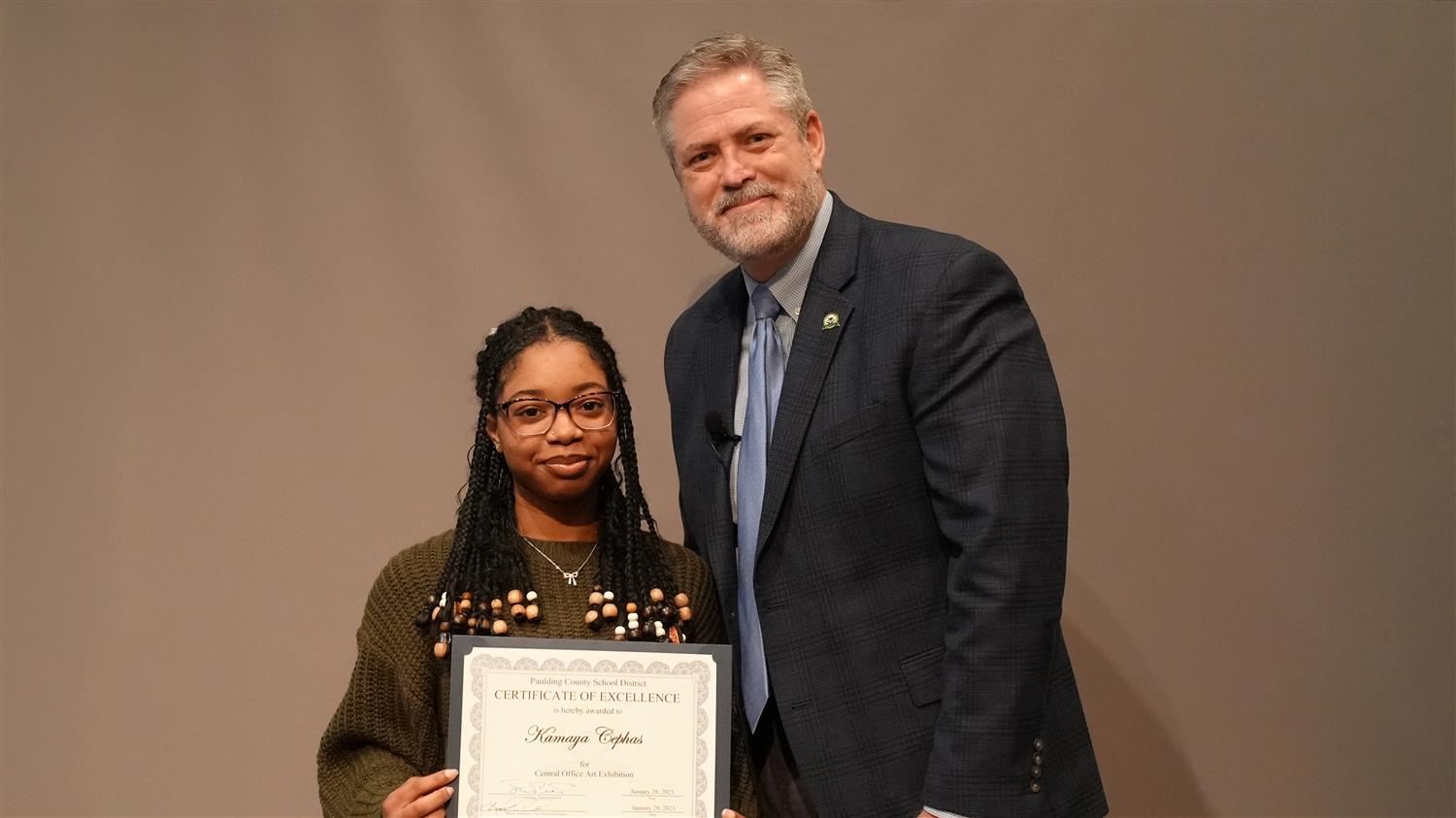 Fine Arts in Action - 2D and 3D: Superintendent Steve Barnette and Kamaya Cephas​ from Paulding County High.