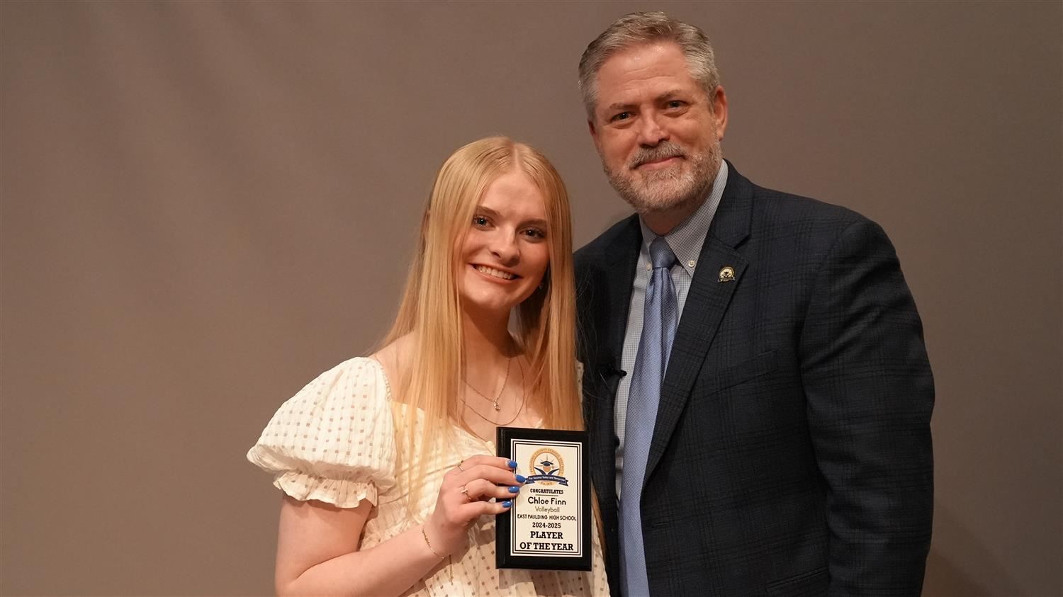 Fall Sports Players of the Year - Volleyball: Superintendent Steve Barnette and Chloe Finn from East Paulding High.
