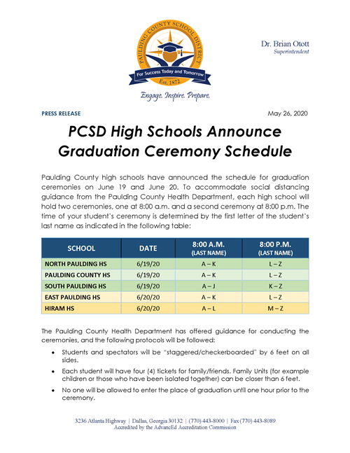 Graduation Ceremony Schedule Set