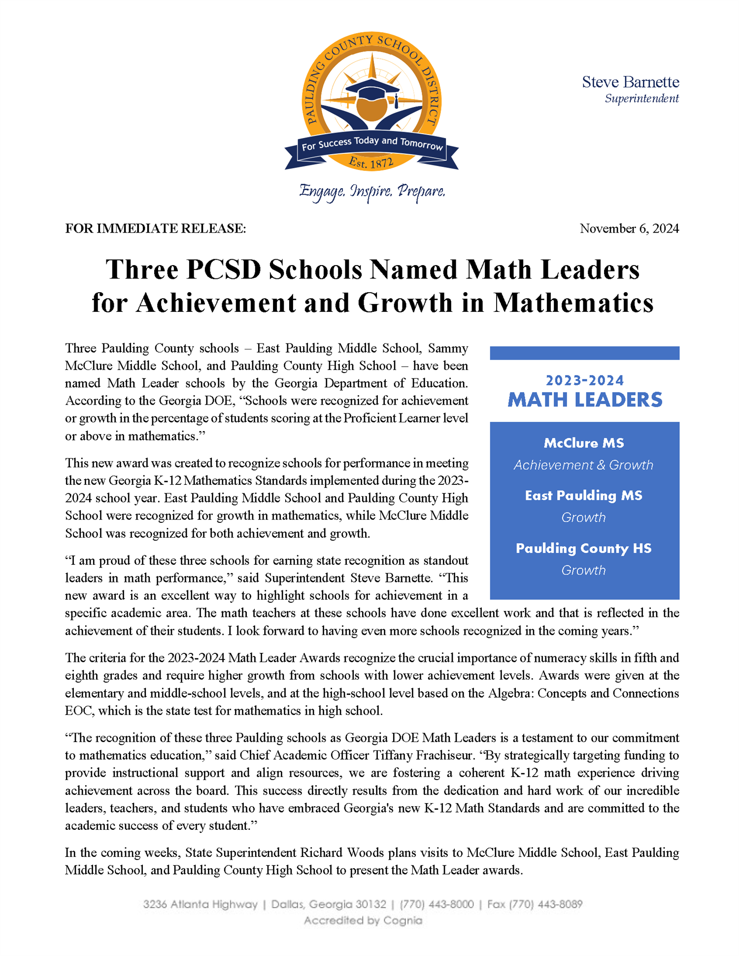 Math leaders press release