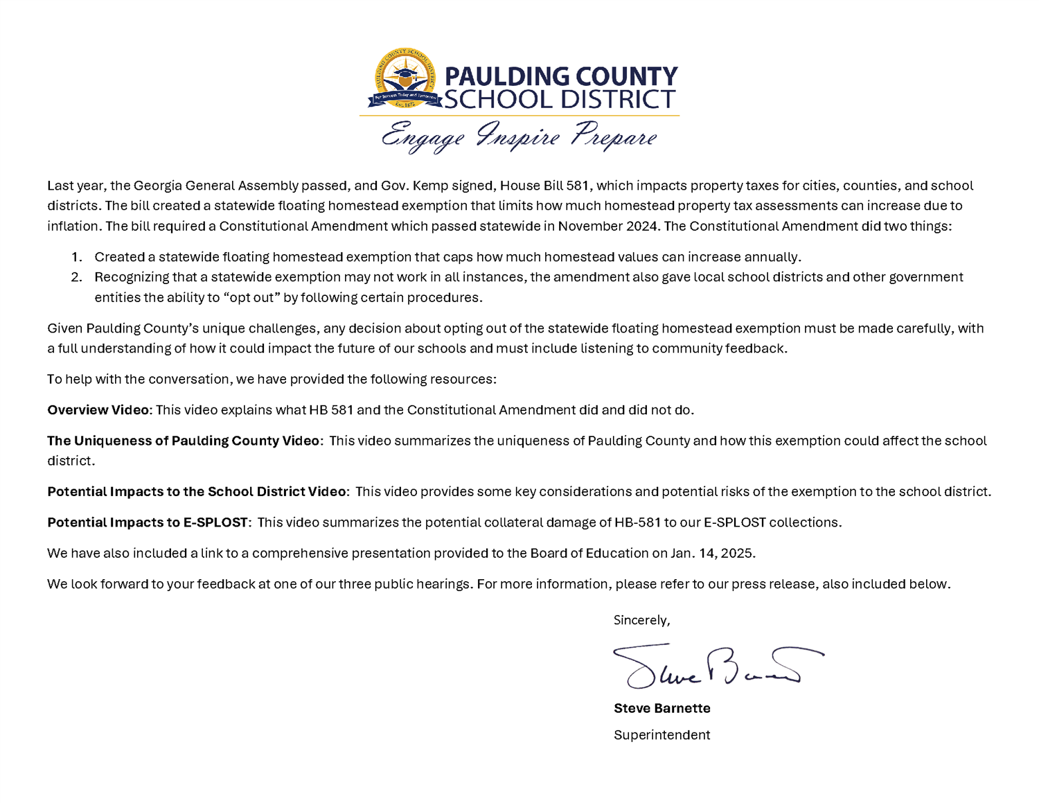 HB-581 letter from Superintendent